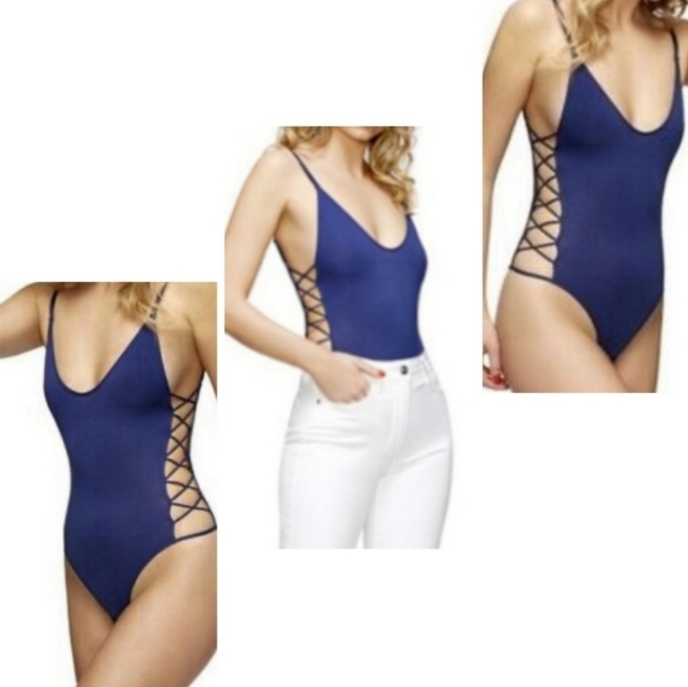 Sam Edelman Strappy Side Cutout Blue Bodysuit Medium